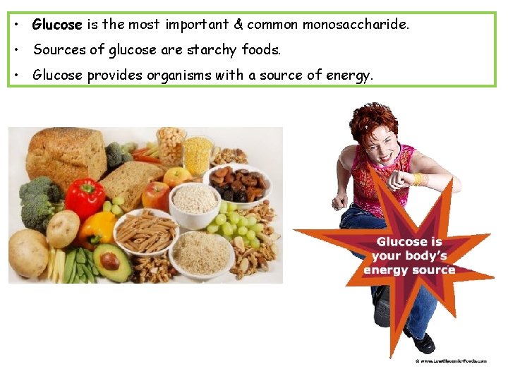  • Glucose is the most important & common monosaccharide. • Sources of glucose