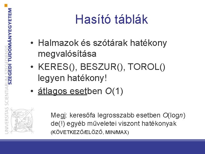 Hasító táblák • Halmazok és szótárak hatékony megvalósítása • KERES(), BESZUR(), TOROL() legyen hatékony!