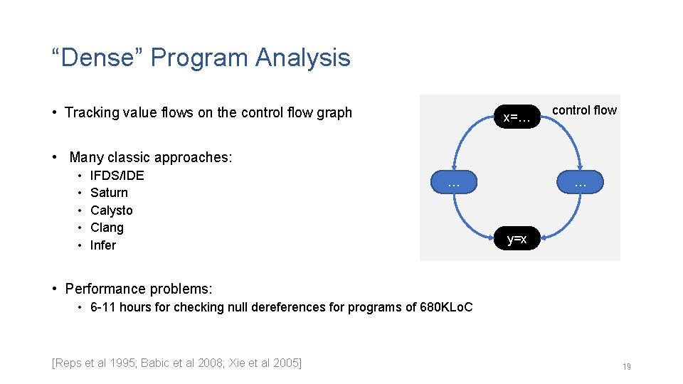 “Dense” Program Analysis • Tracking value flows on the control flow graph x=… control