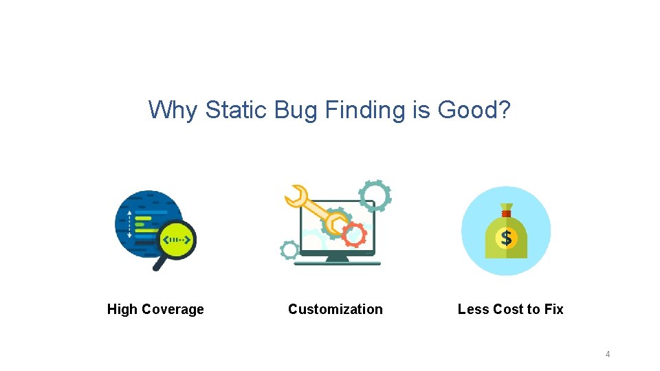 Why Static Bug Finding is Good? High Coverage Customization Less Cost to Fix 4
