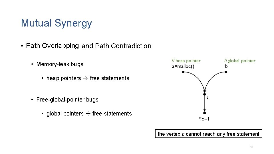 Mutual Synergy • Path Overlapping and Path Contradiction • Memory-leak bugs • heap pointers