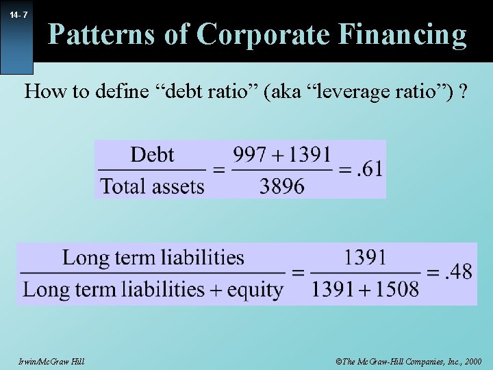 14 - 7 Patterns of Corporate Financing How to define “debt ratio” (aka “leverage