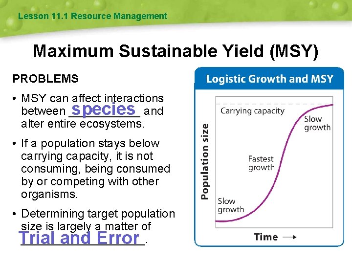Lesson 11. 1 Resource Management Maximum Sustainable Yield (MSY) PROBLEMS • MSY can affect