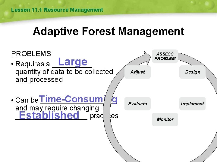 Lesson 11. 1 Resource Management Adaptive Forest Management PROBLEMS Large • Requires a _____