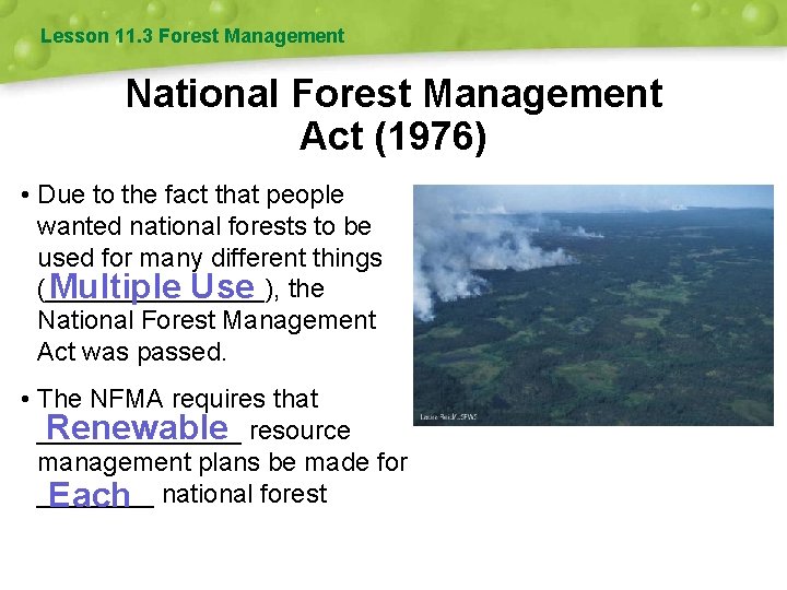 Lesson 11. 3 Forest Management National Forest Management Act (1976) • Due to the