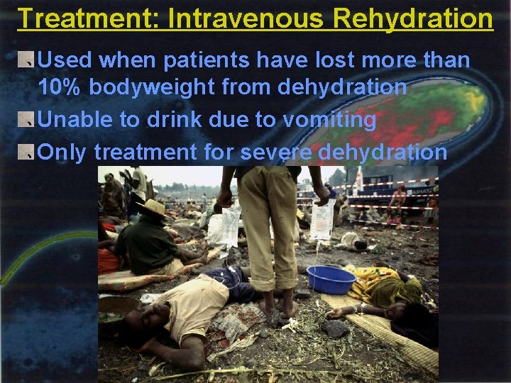 Treatment: Intravenous Rehydration Used when patients have lost more than 10% bodyweight from dehydration