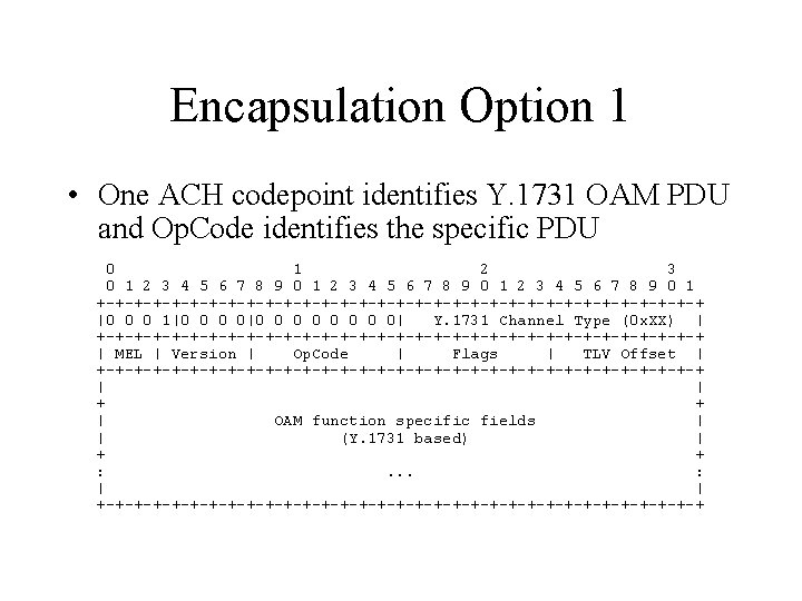 Encapsulation Option 1 • One ACH codepoint identifies Y. 1731 OAM PDU and Op.