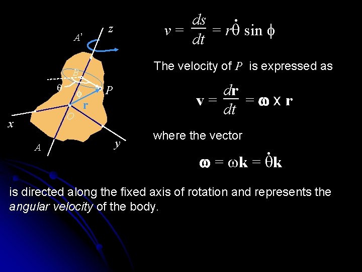 . ds v= = rq sin f dt z A’ The velocity of P