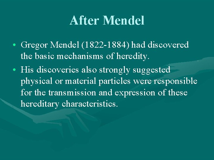 After Mendel • Gregor Mendel (1822 -1884) had discovered the basic mechanisms of heredity.