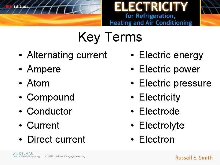 Key Terms • • Alternating current Ampere Atom Compound Conductor Current Direct current •