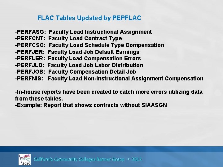 FLAC Tables Updated by PEPFLAC -PERFASG: Faculty Load Instructional Assignment -PERFCNT: Faculty Load Contract