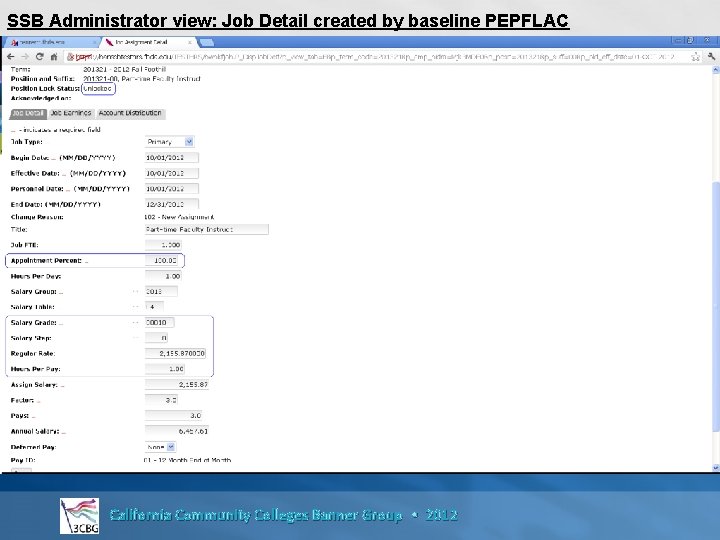 SSB Administrator view: Job Detail created by baseline PEPFLAC California Community Colleges Banner Group