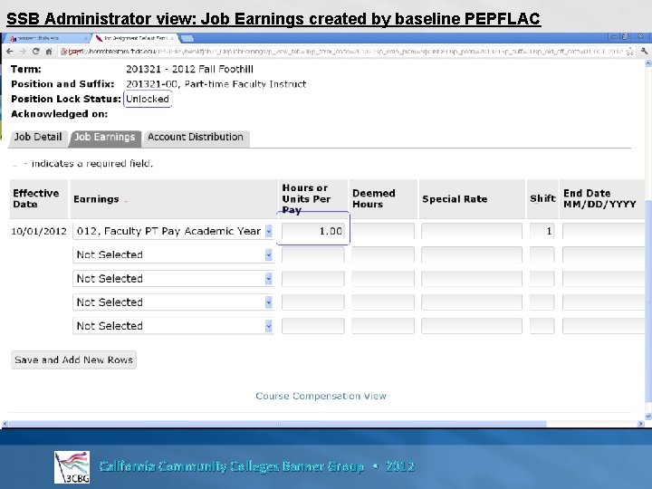 SSB Administrator view: Job Earnings created by baseline PEPFLAC California Community Colleges Banner Group