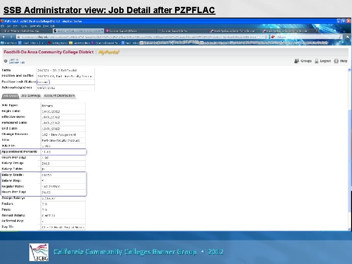 SSB Administrator view: Job Detail after PZPFLAC California Community Colleges Banner Group • 2012