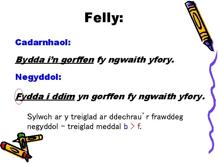 Felly: Cadarnhaol: Bydda i’n gorffen fy ngwaith yfory. Negyddol: Fydda i ddim yn gorffen