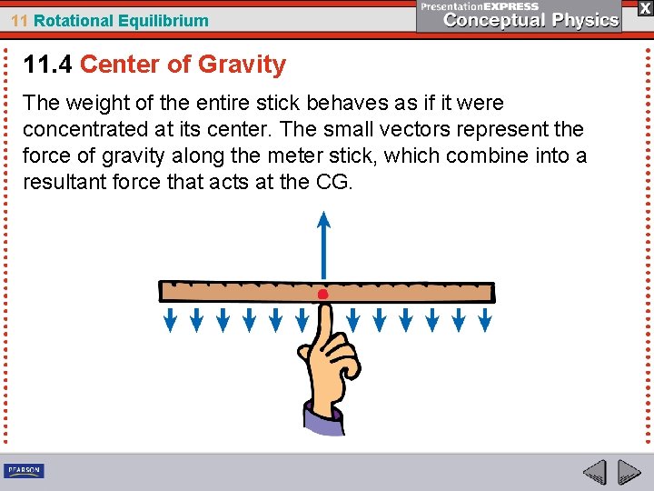 11 Rotational Equilibrium 11. 4 Center of Gravity The weight of the entire stick