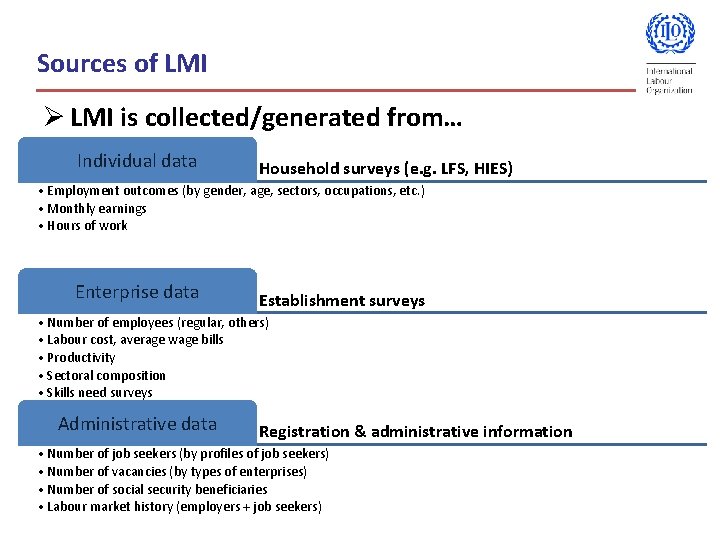Sources of LMI Ø LMI is collected/generated from… Individual data Household surveys (e. g.