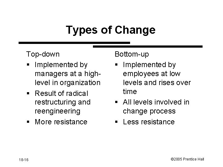 Types of Change Top-down § Implemented by managers at a highlevel in organization §