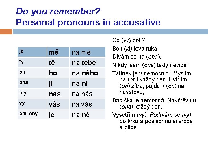 Do you remember? Personal pronouns in accusative já ty on ona my vy oni,