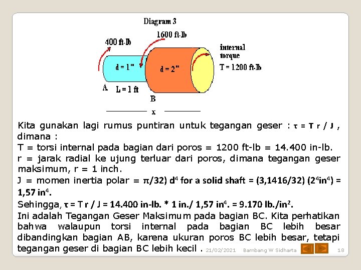 Kita gunakan lagi rumus puntiran untuk tegangan geser : τ = T r /