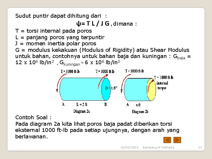 Sudut puntir dapat dihitung dari : ψ= T L / J G , dimana