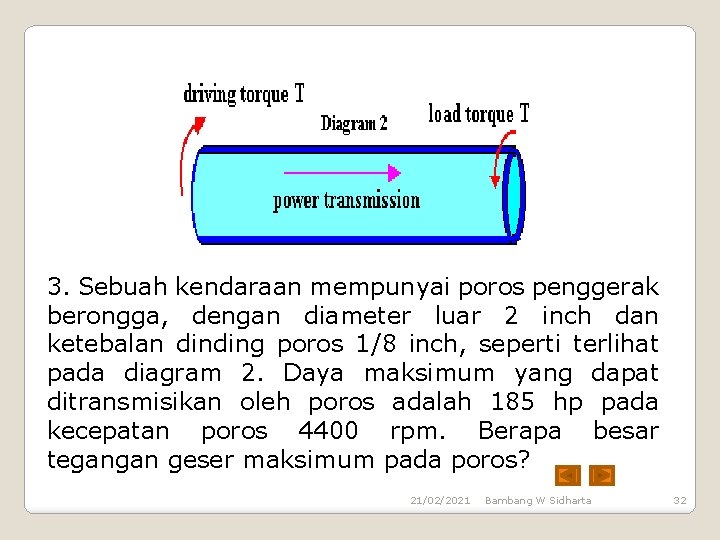 3. Sebuah kendaraan mempunyai poros penggerak berongga, dengan diameter luar 2 inch dan ketebalan