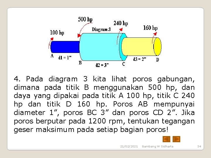 4. Pada diagram 3 kita lihat poros gabungan, dimana pada titik B menggunakan 500