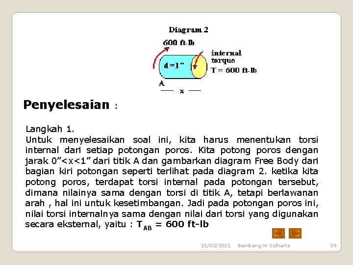 Penyelesaian : Langkah 1. Untuk menyelesaikan soal ini, kita harus menentukan torsi internal dari