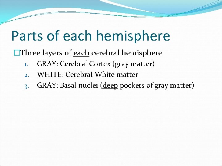 Parts of each hemisphere �Three layers of each cerebral hemisphere 1. GRAY: Cerebral Cortex