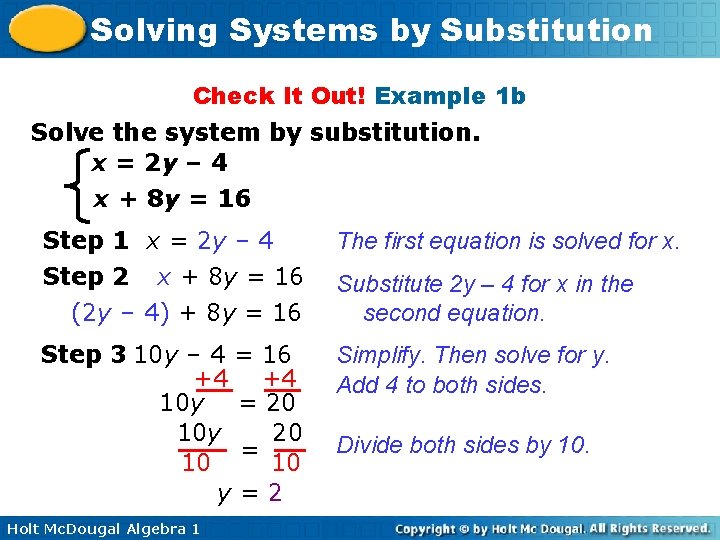 Solving Systems by Substitution Check It Out! Example 1 b Solve the system by