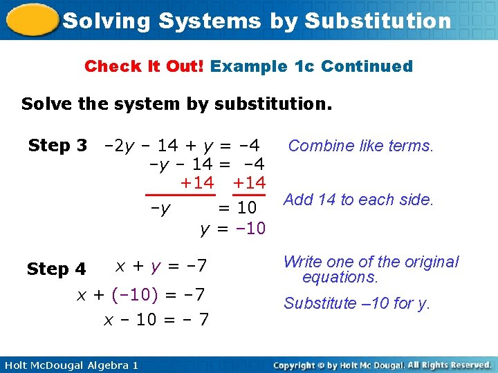 Solving Systems by Substitution Check It Out! Example 1 c Continued Solve the system