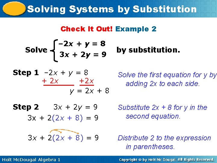 Solving Systems by Substitution Check It Out! Example 2 Solve – 2 x +