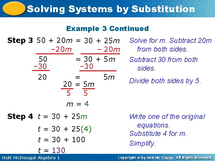 Solving Systems by Substitution Example 3 Continued Step 3 50 + 20 m =