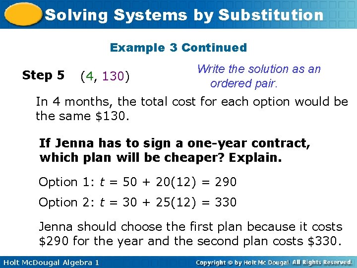 Solving Systems by Substitution Example 3 Continued Step 5 (4, 130) Write the solution