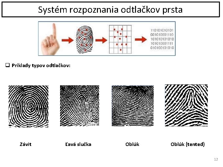 Systém rozpoznania odtlačkov prsta q Príklady typov odtlačkov: Závit Ľavá slučka Oblúk (tented) 12