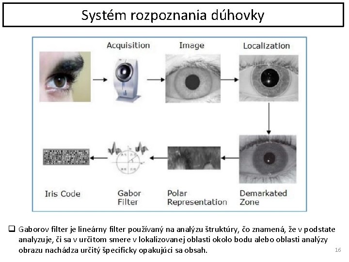 Systém rozpoznania dúhovky q Gaborov filter je lineárny filter používaný na analýzu štruktúry, čo