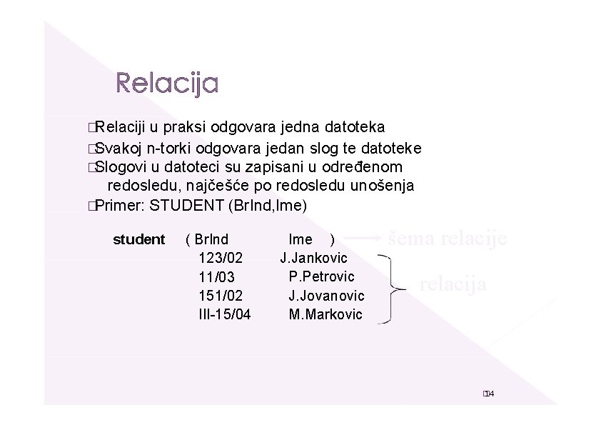 �Relaciji u praksi odgovara jedna datoteka �Svakoj n-torki odgovara jedan slog te datoteke �Slogovi