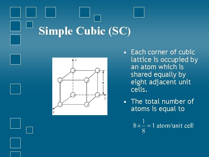 Simple Cubic (SC) • Each corner of cubic lattice is occupied by an atom