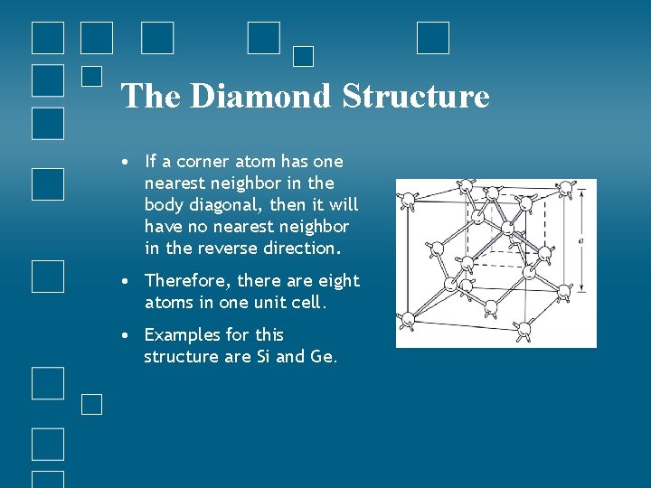 The Diamond Structure • If a corner atom has one nearest neighbor in the