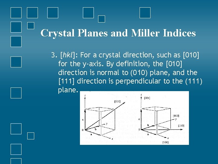 Crystal Planes and Miller Indices 3. [hkl]: For a crystal direction, such as [010]