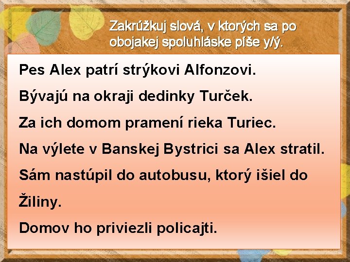 Zakrúžkuj slová, v ktorých sa po obojakej spoluhláske píše y/ý. Pes Alex patrí strýkovi