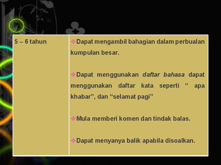 5 – 6 tahun v. Dapat mengambil bahagian dalam perbualan kumpulan besar. v. Dapat