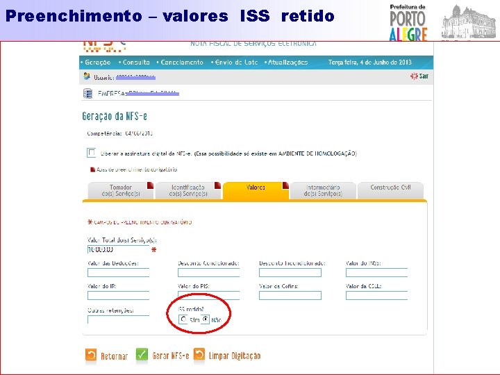 Preenchimento – valores ISS retido 