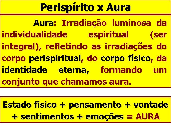 Perispírito x Aura: Irradiação luminosa da individualidade espiritual (ser integral), refletindo as irradiações do