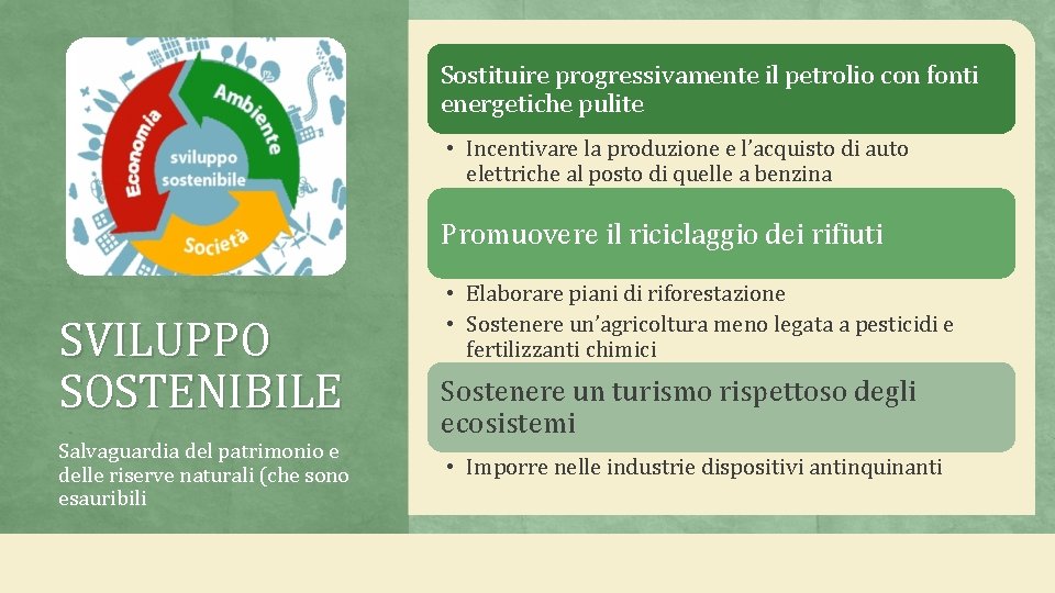 Sostituire progressivamente il petrolio con fonti energetiche pulite • Incentivare la produzione e l’acquisto