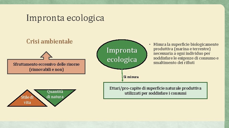 Impronta ecologica Crisi ambientale Sfruttamento eccessivo delle risorse (rinnovabili e non) Impronta ecologica •