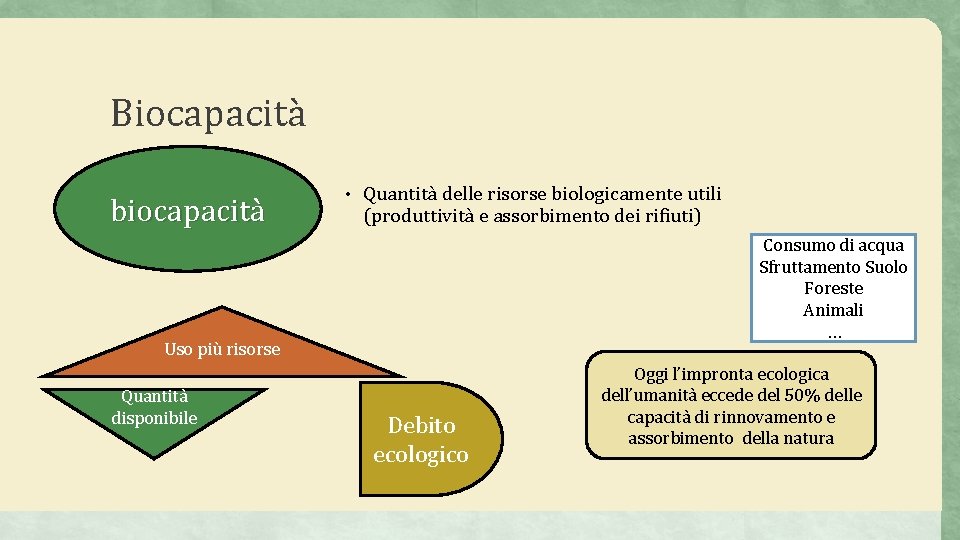 Biocapacità biocapacità • Quantità delle risorse biologicamente utili (produttività e assorbimento dei rifiuti) Consumo