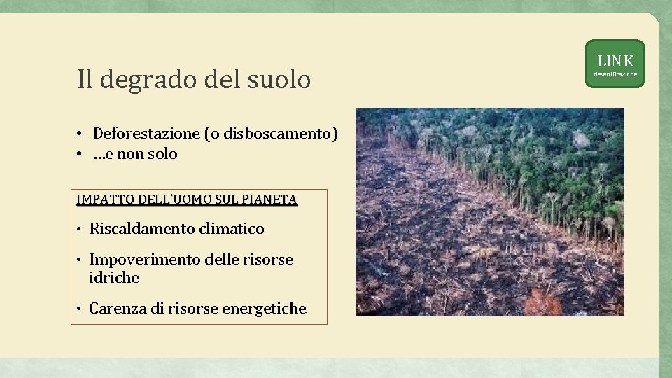 Il degrado del suolo • Deforestazione (o disboscamento) • …e non solo IMPATTO DELL’UOMO