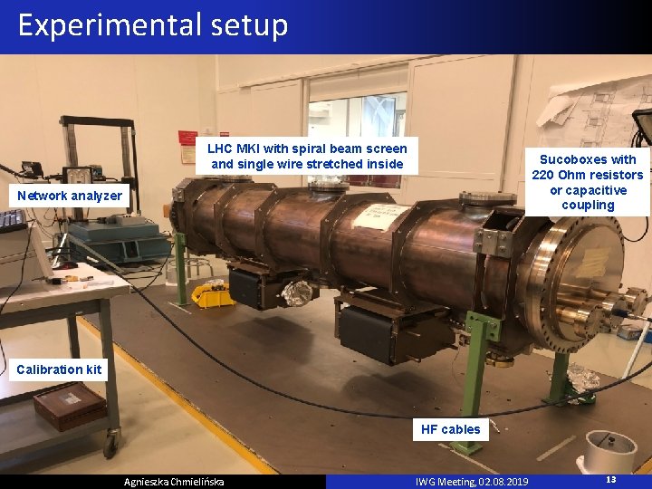 Experimental setup LHC MKI with spiral beam screen and single wire stretched inside Sucoboxes