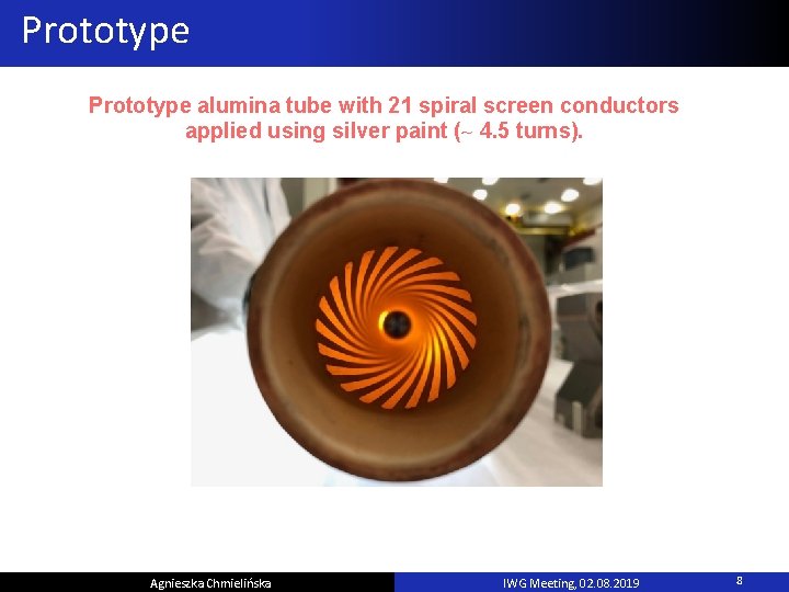 Prototype alumina tube with 21 spiral screen conductors applied using silver paint (~ 4.